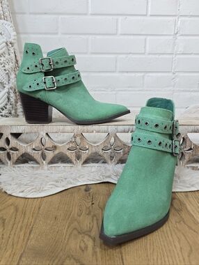 Naughty Monkey Green Suede Ankle Booties with Studded Buckles Size 7.5